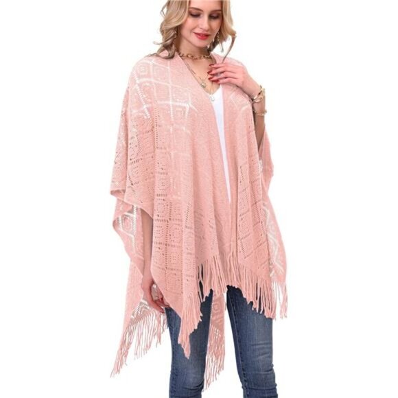 Knit Shawl Wrap - Fringe Poncho Cardigan Cape Pink - Picture 1 of 7